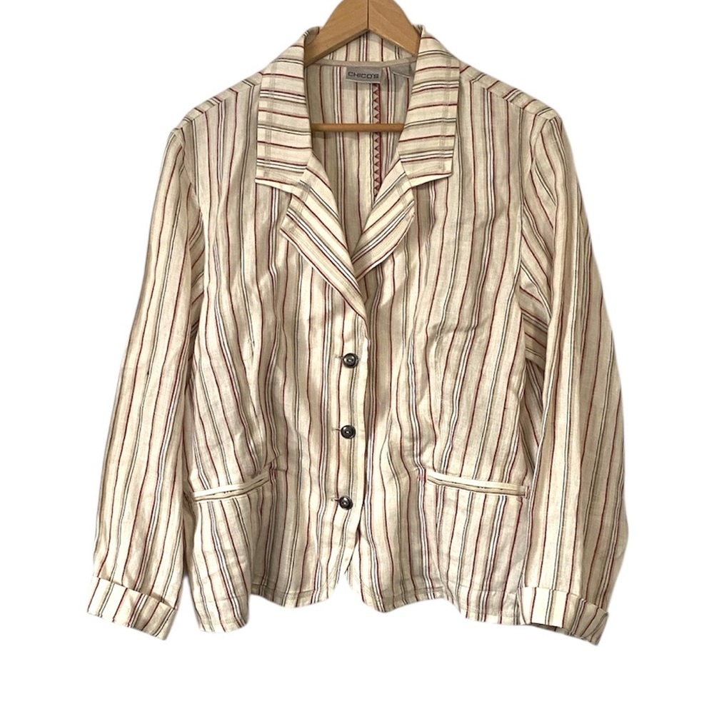 Chicos linen Striped Beige Red Women's blazer Suze 3 or XL